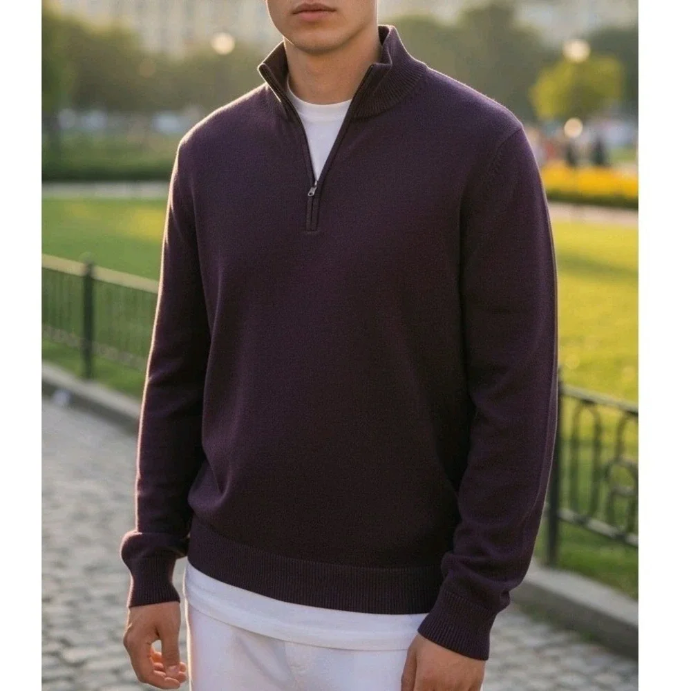 Mizzen Main Cassady 1/4 Zip Knit Sweater Mens L Plum Purple Pullover Ribbed Hem